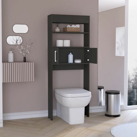 Tuhome Concept – Etagère de salle de bain au-dessus des toilettes – 160 cm haut x 62,4 cm large x 20,3 cm profond – Aggloméré noir avec 2 portes et étagères ouvertes