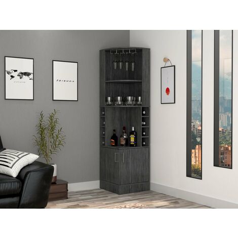 Tuhome Concept – Meuble bar d'angle Syrah – Porte-gobelet pour 4 verres – 4 casiers pour 8 bouteilles – Bois manufacturé mélaminé – Dimensions 180,6 x 46,9 x 46,9 cm