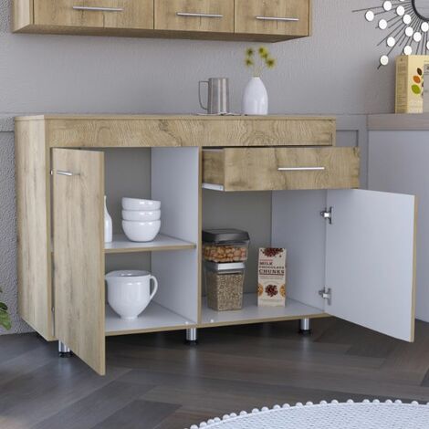 Tuhome Concept – Meuble bas de cuisine Orion – Dimensions 89,5 x 120,3 x 51,6 cm – Finition blanc/macadamia – Matériau aggloméré et mélamine