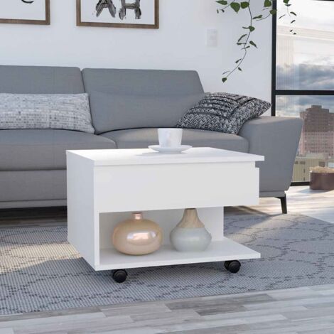 Tuhome Concept – Table basse relevable blanche sur roulettes – Dimensions 39,1 cm x 55 cm x 50 cm – Panneaux de particules mélaminés – Grand espace de rangement