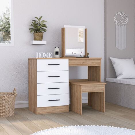 Tuhome Concept – Table de maquillage Kaia avec miroir et siège inclus – Dimensions 126,7 cm H x 100 cm L x 42,5 cm P – Bois fabriqué – 4 tiroirs de rangement