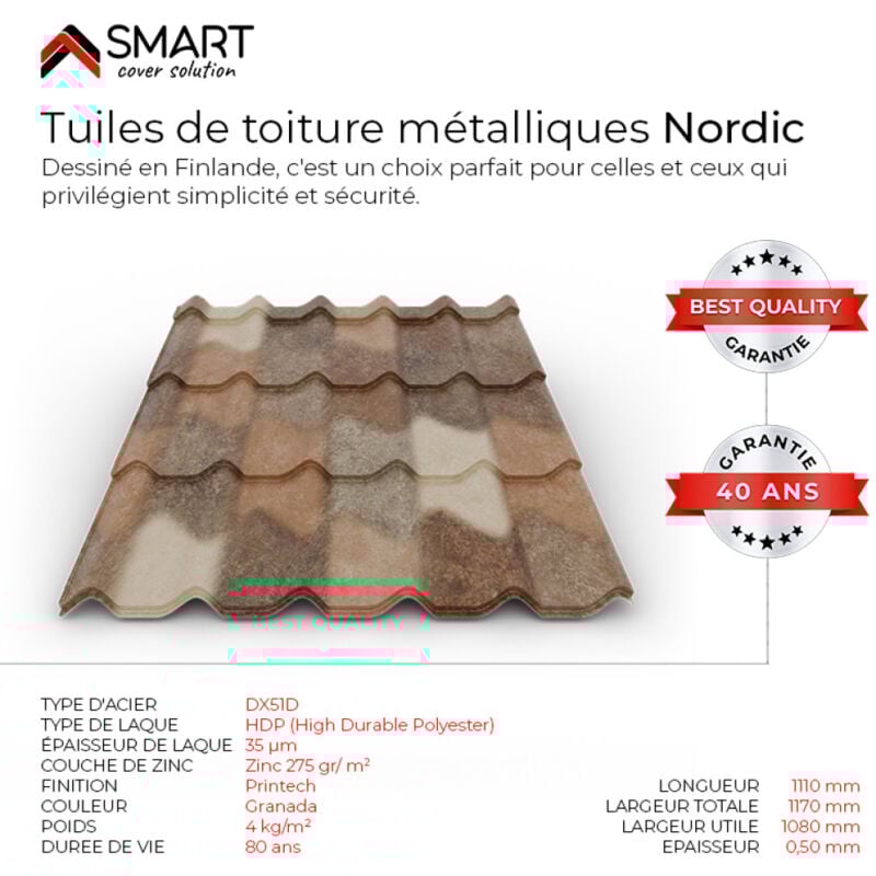 Tuile de toiture métallique nordic Coloris Spanish Roof Granada Dimensions 1110x1170x0.50mm