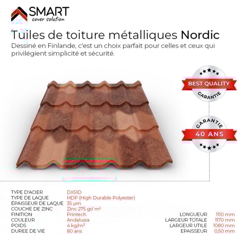 Tuile de toiture métallique nordic Coloris Spanish Roof Anadalusia Dimensions 1110x1170x0.50mm