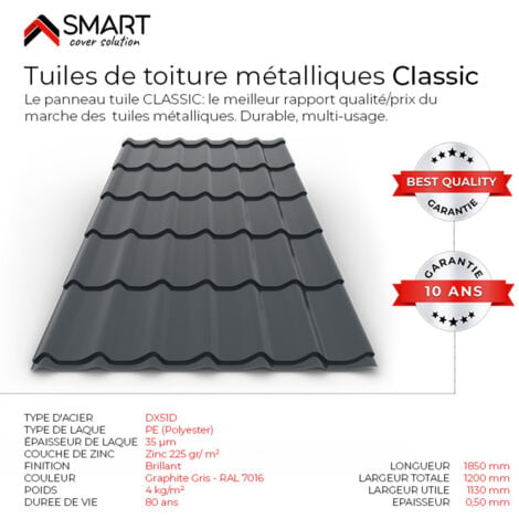 BRAVO THE SMART SOLUTION Tuile de toiture métallique CLASSIC Coloris Gris Anthracite 7016 Dimensions 1850x1200x0.50mm