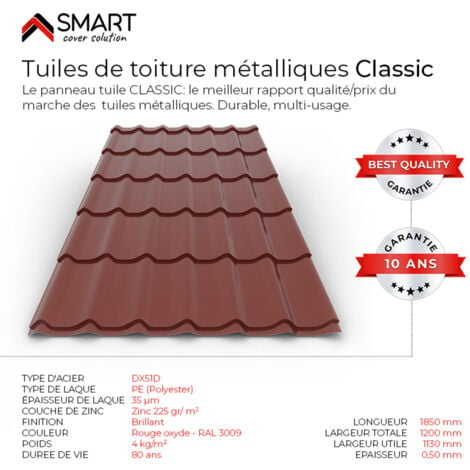 BRAVO THE SMART SOLUTION Tuile de toiture métallique CLASSIC Coloris Rouge Oxyde RAL 3009 Dimensions 1850x1200x0.50mm