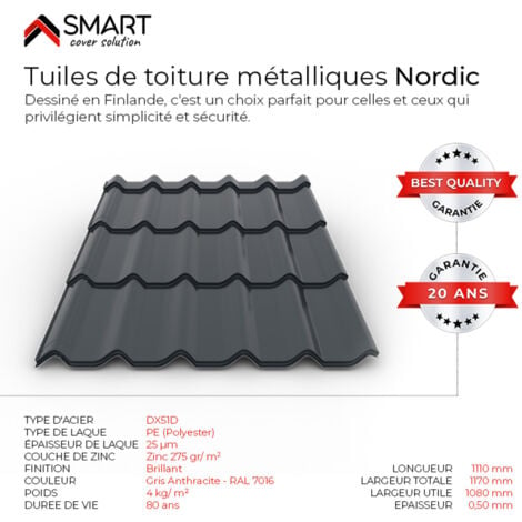 BRAVO THE SMART SOLUTION Tuile de toiture métallique NORDIC Coloris Gris Anthracite 7016 Dimensions 1110x1170x0.50mm