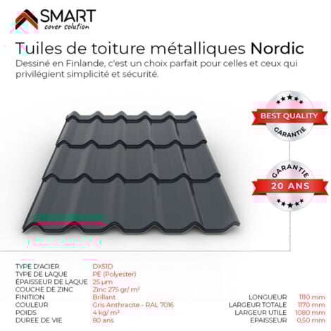Tuile de toiture métallique NORDIC Coloris Gris Anthracite 7016  Dimensions 1110x1170x0.50mm