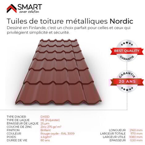 BRAVO THE SMART SOLUTION Tuile de toiture métallique NORDIC Coloris Rouge Oxyde RAL 3009 Dimensions 2160x1170x0.50mm