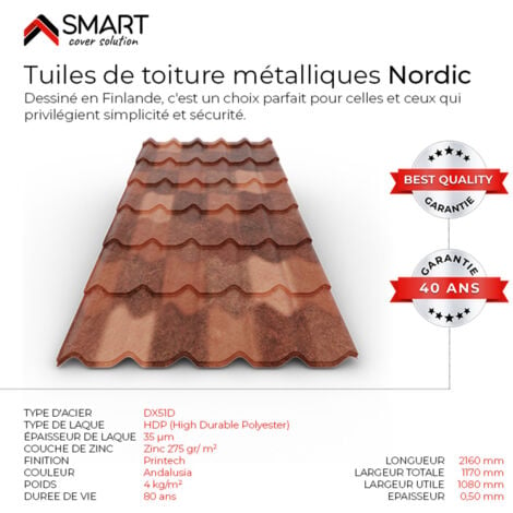 BRAVO THE SMART SOLUTION Tuile de toiture métallique NORDIC Coloris Spanish Roof Andalusia Dimensions 2160x1170x0.50mm