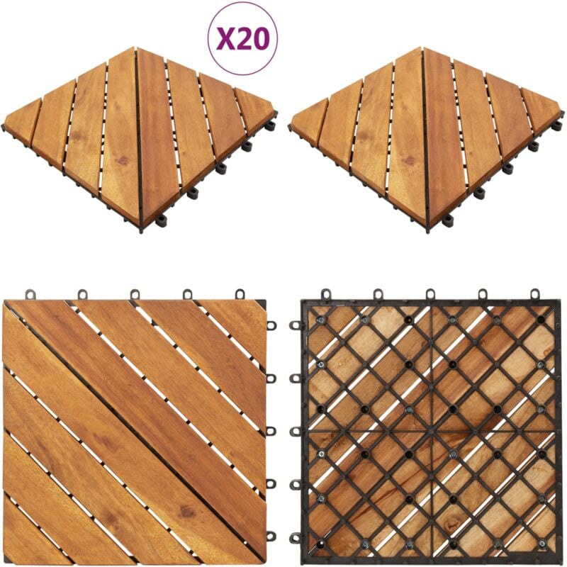 Tuiles de terrasse 20 pcs Marron 30x30 cm Bois massif d'acacia - Carrelage Extérieur - Dallage Bois - Terrasse Bois - Acacia - Decking - Home & Living