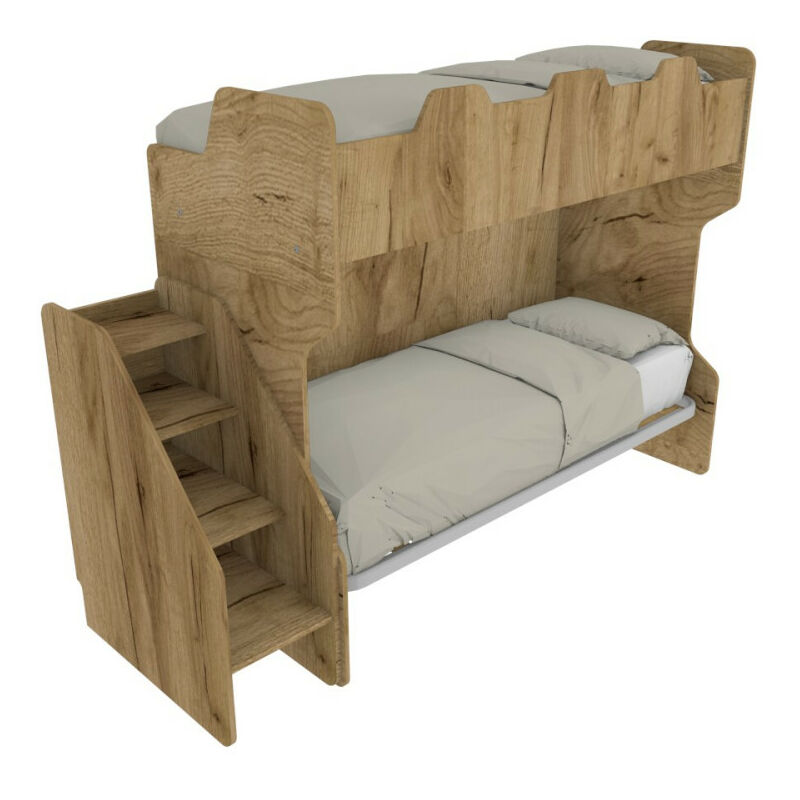 Mobilfino Camerette - Lit superposé peu encombrant avec troisième lit extractible et échelle latérale - Idéal pour les chambres d'enfants - chêne