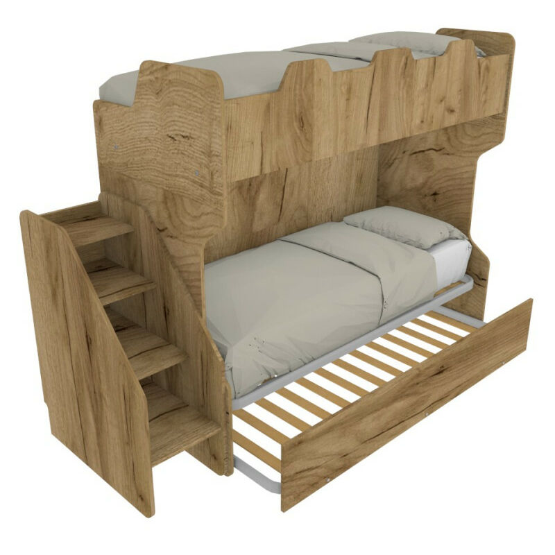 Lit superposé peu encombrant avec troisième lit extractible et échelle latérale - Idéal pour les chambres d'enfants - chêne