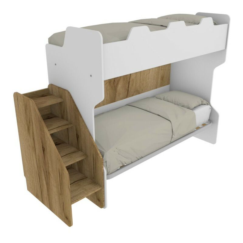 Lit superposé peu encombrant avec troisième lit extractible et échelle latérale - Idéal pour les chambres d'enfants - Blanc et chêne
