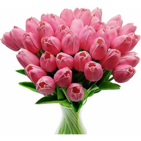Tulipanes artificiales, 10 unidades de tulipanes de látex de tacto real con hojas, elegante decoración para banquetes de boda y cocina (rosa)