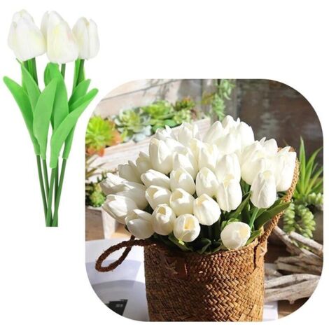 Tulipanes artificiales de silicona, 34 cm, plantas decorativas para jarrón, 5 unidades - Blanco