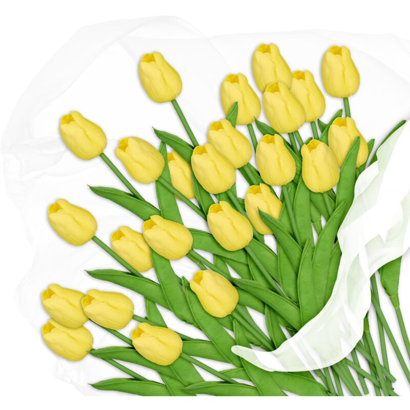Relaxdays - Bouquet de 24 tulipes artificielles, en plastique, hauteur de chacune : env. 33,5 cm, jaune et vert