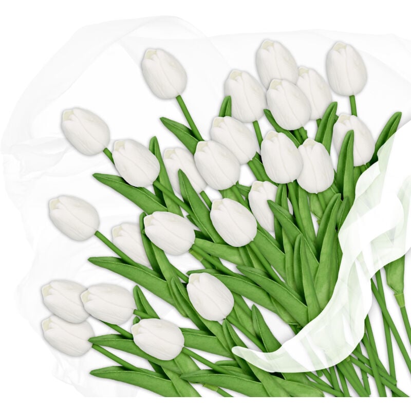 Relaxdays - Bouquet de 24 tulipes artificielles, en plastique, hauteur de chacune : env. 33,5 cm, blanc et vert