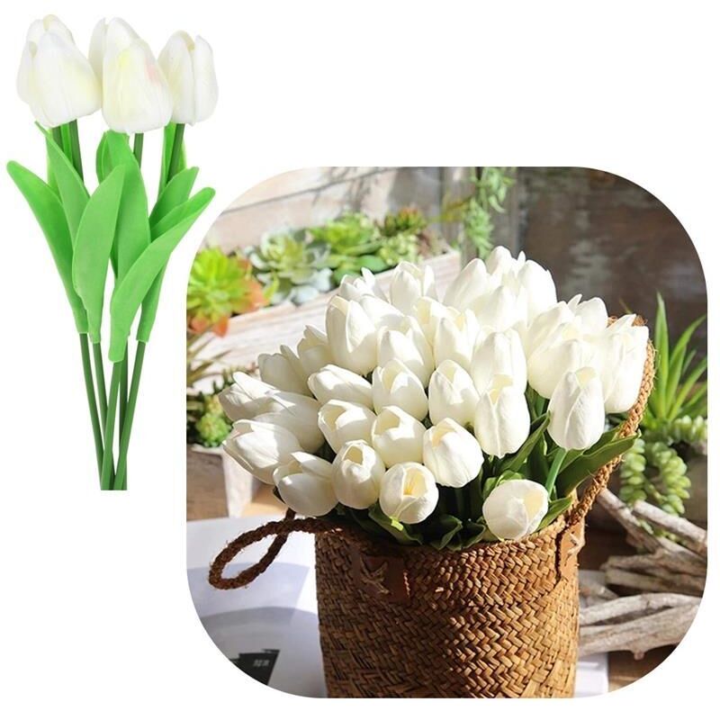 Tulipes artificielles en silicone 34 cm, plantes décoratives pour vase, 5 pièces - Blanc