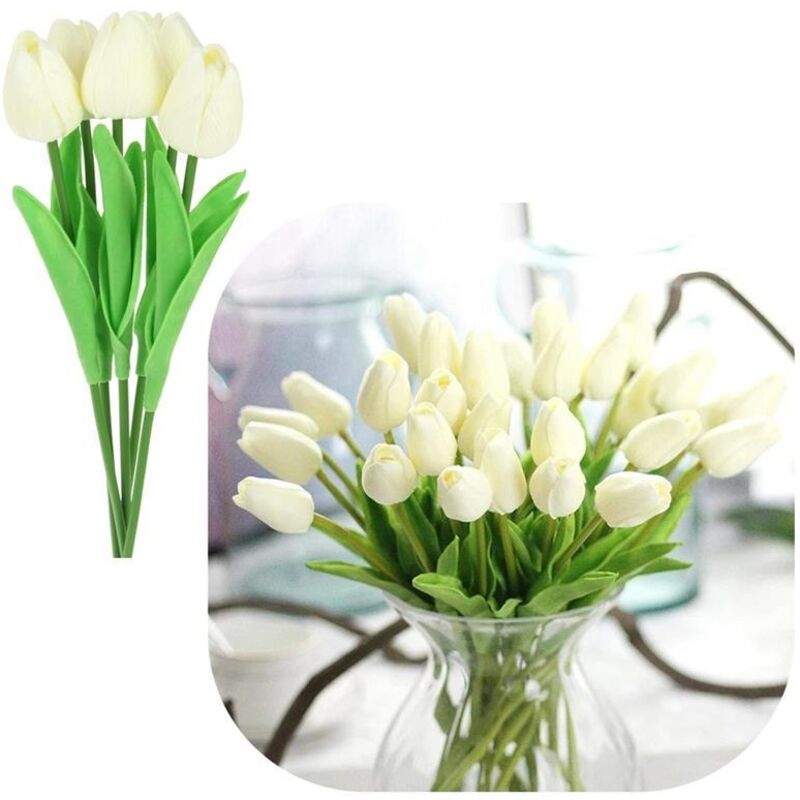 Tulipes artificielles en silicone 34 cm, plantes décoratives pour vase, 5 pièces - Crème