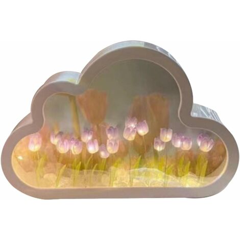 Tulpen-Nachtlicht, LED-Nachtlicht in Wolkenform, Tulpenspiegel, 2-in-1-Spiegel/Nachtlicht, tragbare Nachttischlampe für Schlafzimmer, Spiegeldekoration für Zuhause