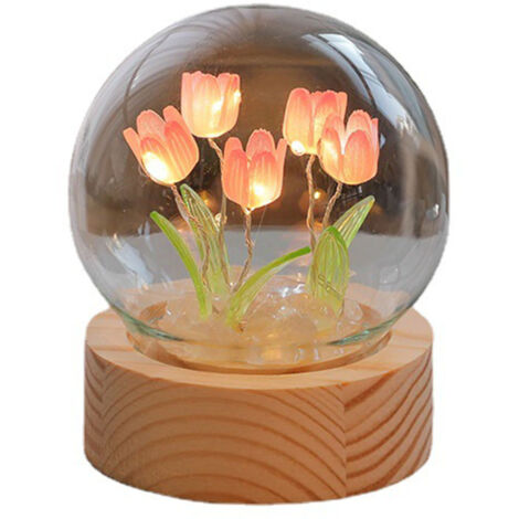 Tulpenförmige Nachttischlampe aus Glas und Holz, sanftes Dekolicht für Wohnzimmer, Büro und Schlafzimmer