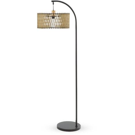 Tulpenförmige Stehlampe aus naturfarbenem und schwarzem Sperrholz mit schwarzem Metallfuß