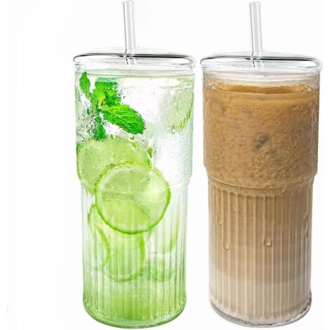 Tumbler En Verre - 20 Oz - Verre Borosilicaté - Avec Couvercle Et Paille En Verre - Pour Café Glacé Thé Jus Smoothie - 2 Pièces
