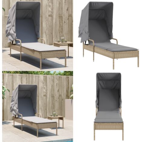Tumbona con capota ratán sintético beige - Tumbona exterior - Tumbona con respaldo ajustable