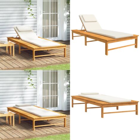 Tumbona con cojín blanco crema y almohada madera maciza acacia - Tumbona de acacia - Tumbona con respaldo ajustable