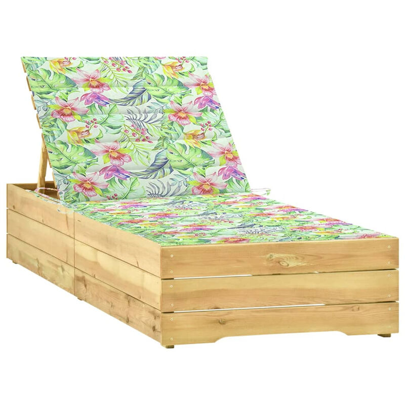 

Tumbona con cojin estampado de hojas madera de pino impregnada