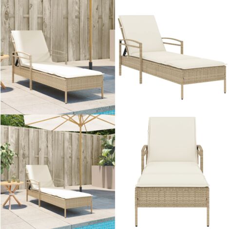 Tumbona con cojín ratán sintético beige 63x200x81 cm - Tumbona con respaldo ajustable - Tumbona con cojín