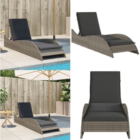 Tumbona con cojín ratán sintético gris 60x205x73 cm - Tumbona con respaldo ajustable - Tumbona gris