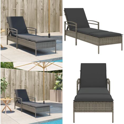 Tumbona con cojín ratán sintético gris 63x200x81 cm - Tumbona con respaldo ajustable - Tumbona de ratán sintético