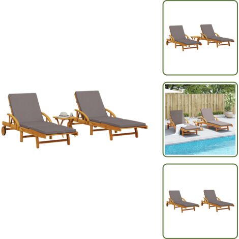 Tumbona con cojín - vidaXL Tumbonas con mesa 2 unidades madera maciza de acacia - Tumbona reclinable