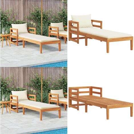 Tumbona con cojines crema madera maciza de acacia - Tumbona de jardín - Cojines para tumbona