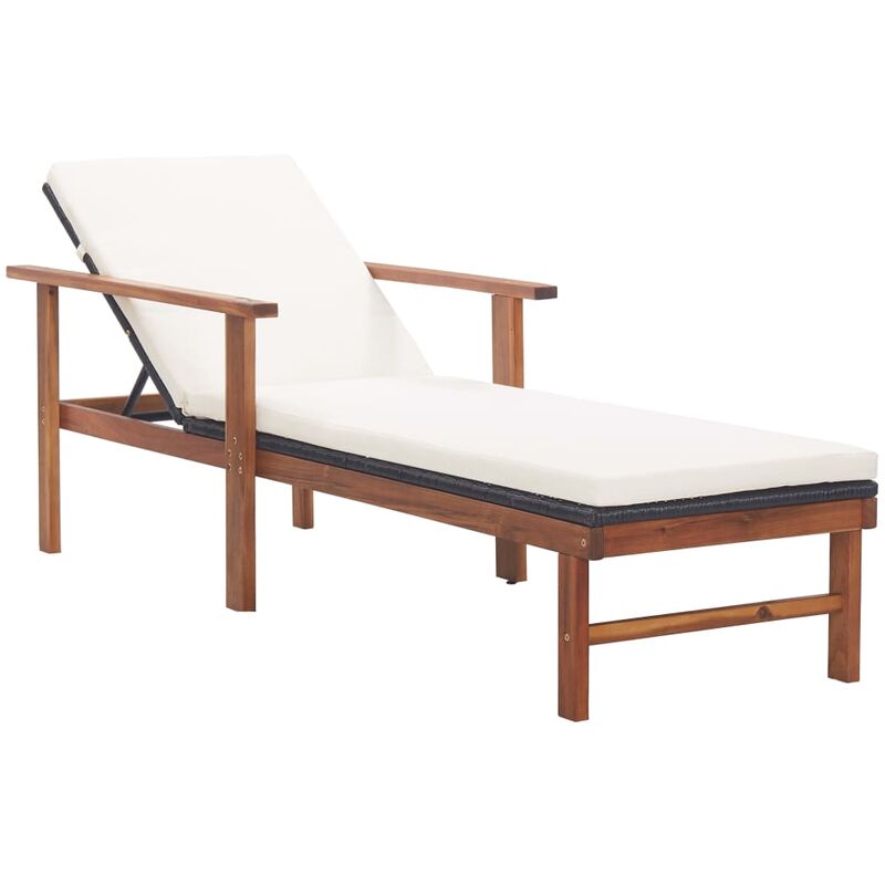 

Tumbona con cojín ratán sintético y madera maciza acacia negro - Negro