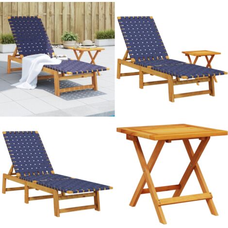 Tumbona con mesa madera maciza de acacia y tela azul oscuro - Tumbona de acacia - Tumbona con respaldo ajustable