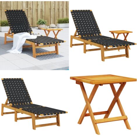 Tumbona con mesa madera maciza de acacia y tela negra - Madera de acacia - Tumbona exterior