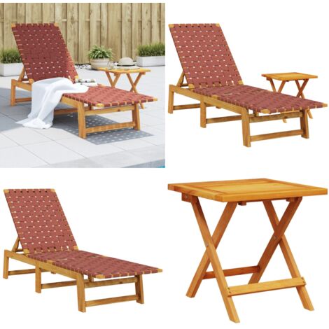 Tumbona con mesa madera maciza de acacia y tela roja - Tumbona de madera - Tumbona de acacia