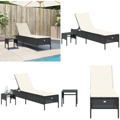 Tumbona con mesita y cojín ratán sintético negro - Cojín de asiento - Mesa auxiliar