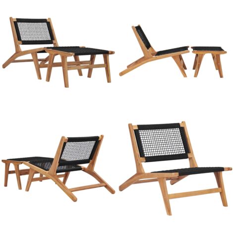 Tumbona con reposapiés madera maciza de teca y cuerda - Silla de jardín - Tumbona de madera
