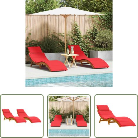 Tumbona de acacia -  Tumbona con cojín 2 pcs Rojo Madera de Acacia Sólida