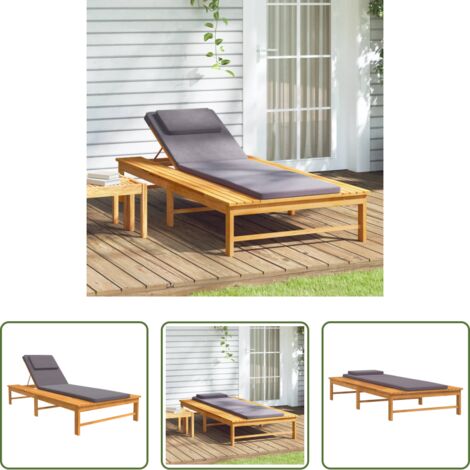 Tumbona de acacia -  Tumbona con cojín gris oscuro y almohada madera maciza acacia