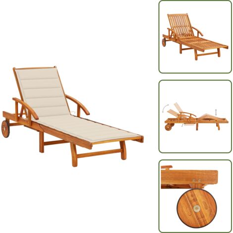 Tumbona de acacia - vidaXL Tumbona de jardín con cojín madera maciza de acacia - Tumbona con ruedas