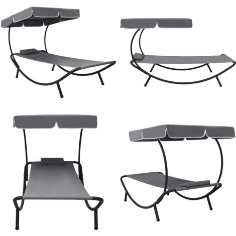 Tumbona de exterior con dosel y almohada gris - Tumbona gris - Tumbona con dosel