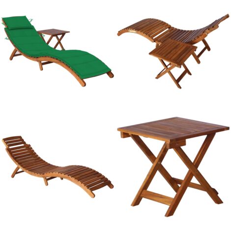 Tumbona de jardín con mesa y cojín madera maciza de acacia - Mesa de jardín - Tumbona de madera