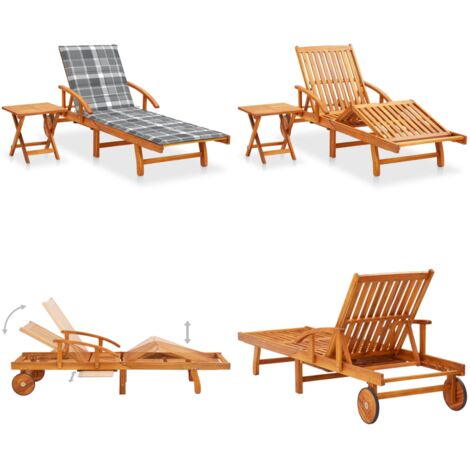 Tumbona de jardín con mesa y cojín madera maciza de acacia - Tumbona de madera - Tumbona con mesa