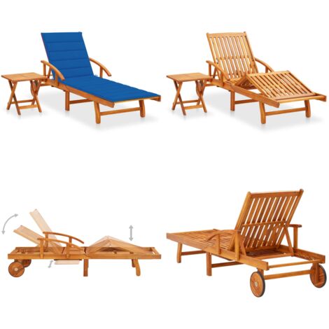 Tumbona de jardín con mesa y cojín madera maciza de acacia - Tumbona de madera - Tumbona con mesa