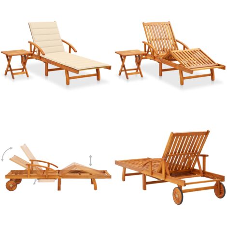Tumbona de jardín con mesa y cojín madera maciza de acacia - Tumbona de madera - Tumbona con mesa