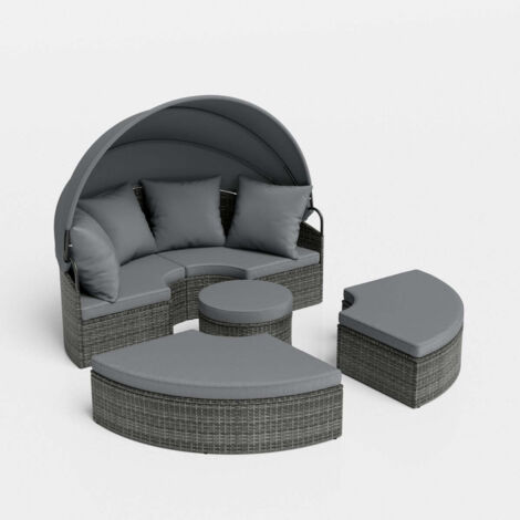 Tumbona de jardín redonda de 172 x 180 x 141 cm regulable y cómoda con dosel retráctil estilo moderno en ratán sintético gris 200012385
